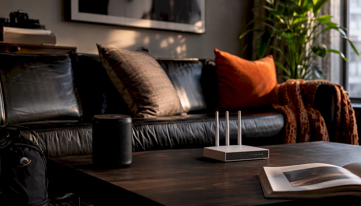 WiFi router and Sonos speaker properly spaced on desk