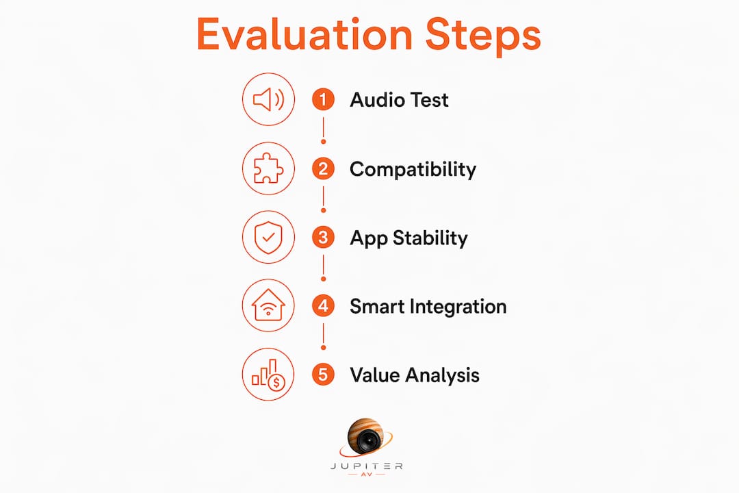 Infographic showing evaluation steps for audio systems