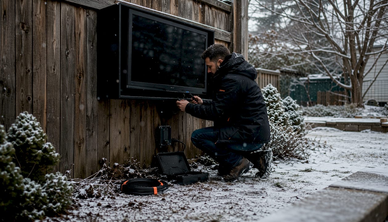 Installer hand securing outdoor TV cables in cold
