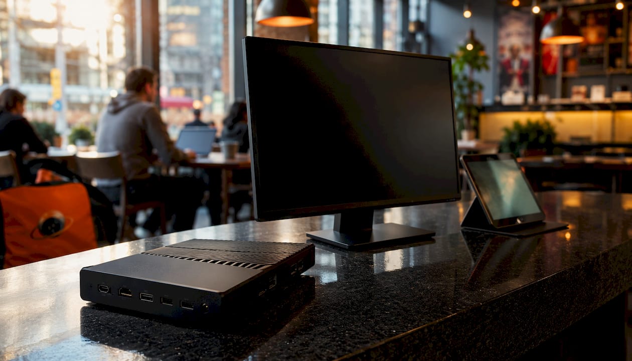 Restaurant digital signage hardware setup on desk