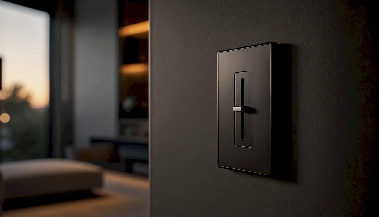 Close-up of a dimmer switch on dark wall