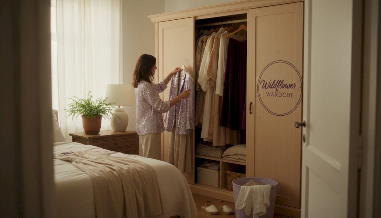 Selecting statement blazer from bedroom closet