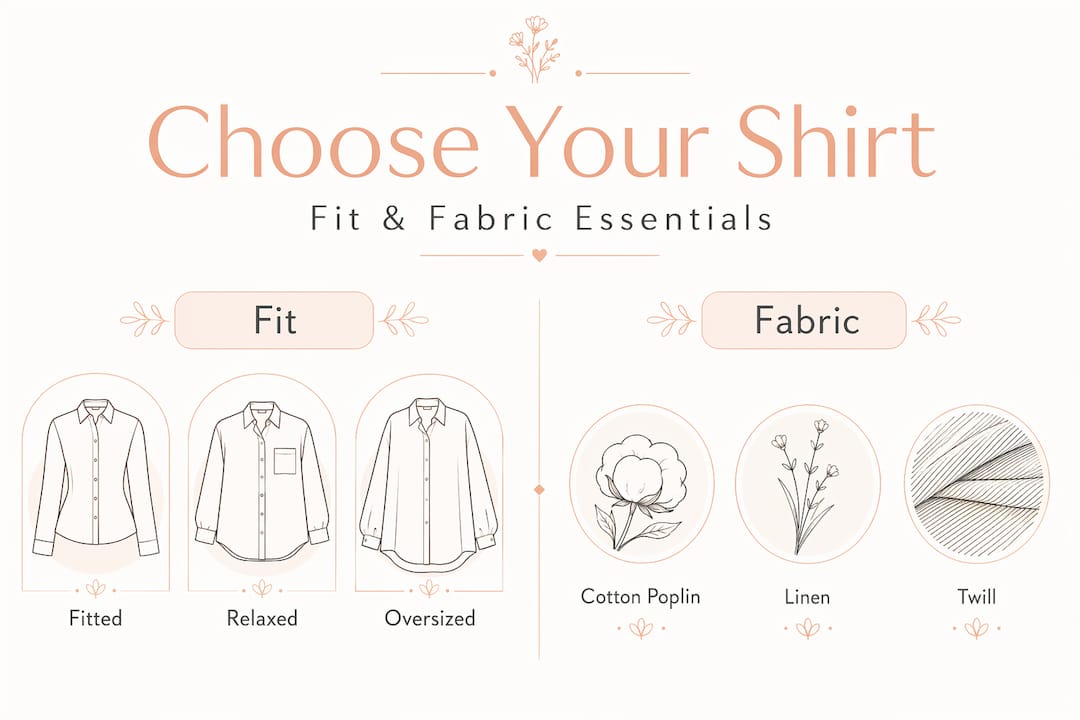 Infographic comparing fit and fabric for white shirts