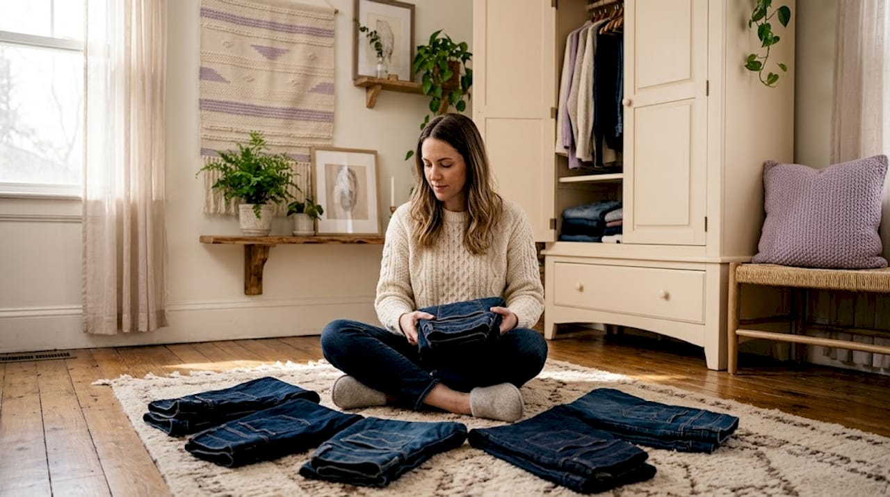 Woman sorts dark indigo jeans in closet