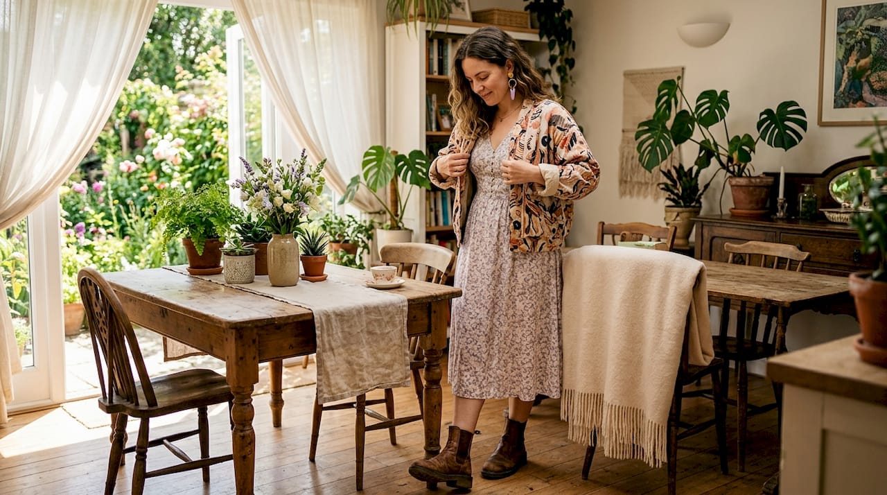 Woman layering eclectic patterned outfit in living room