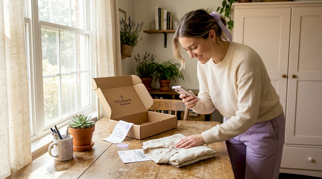 Woman photographing clothing return packing process