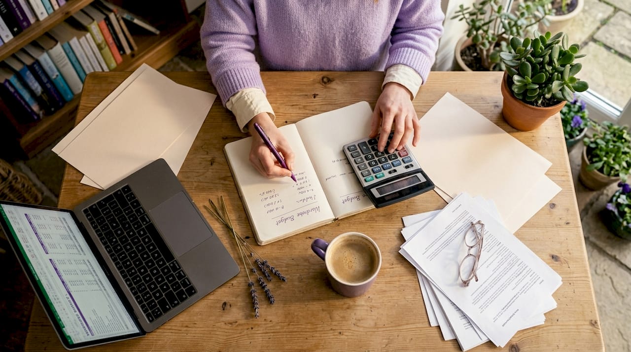 Person calculating clothing cost-per-wear at desk