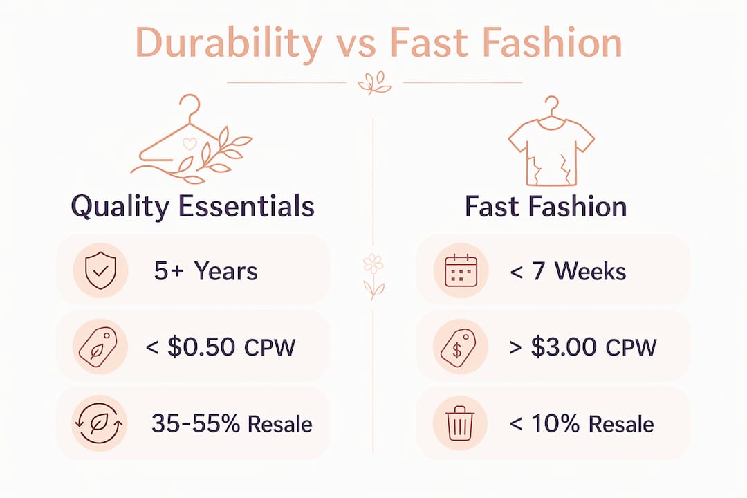 Infographic comparing durability and costs of wardrobe essentials and fast fashion