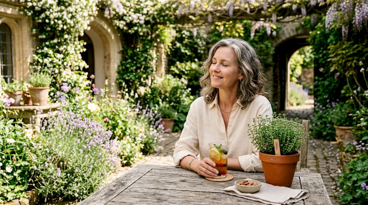 Woman wearing linen blouse outdoors in garden