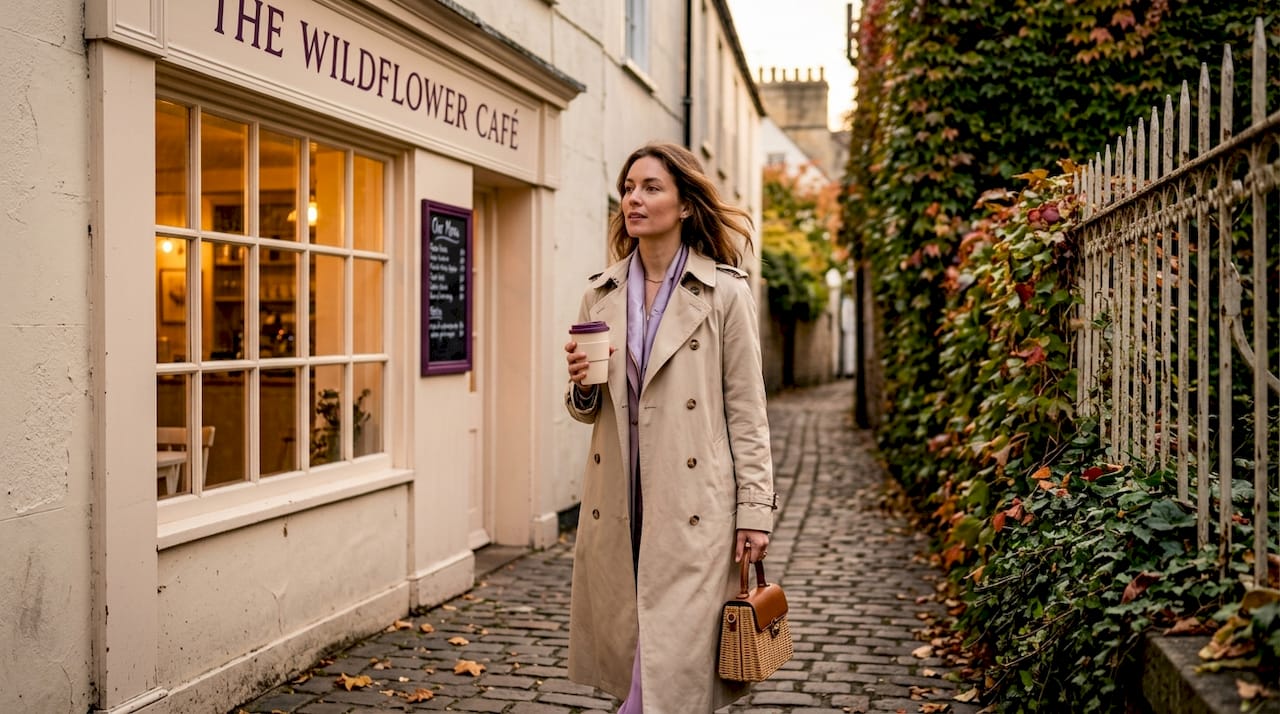Woman walking city street in beige trench coat