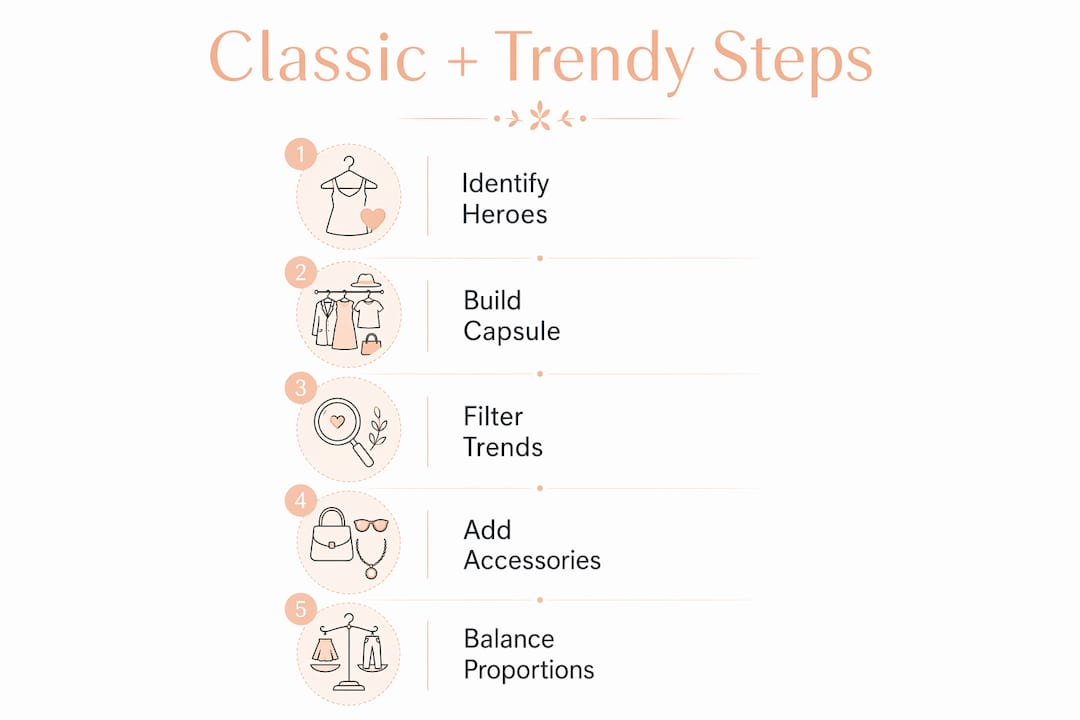 Infographic showing steps to combine classic wardrobe with trends
