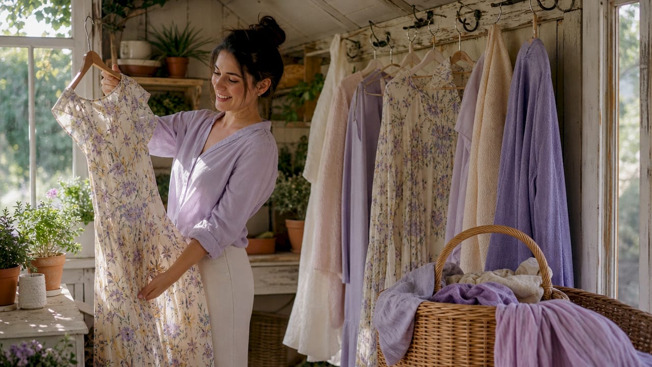 Woman organizing spring clothes in closet