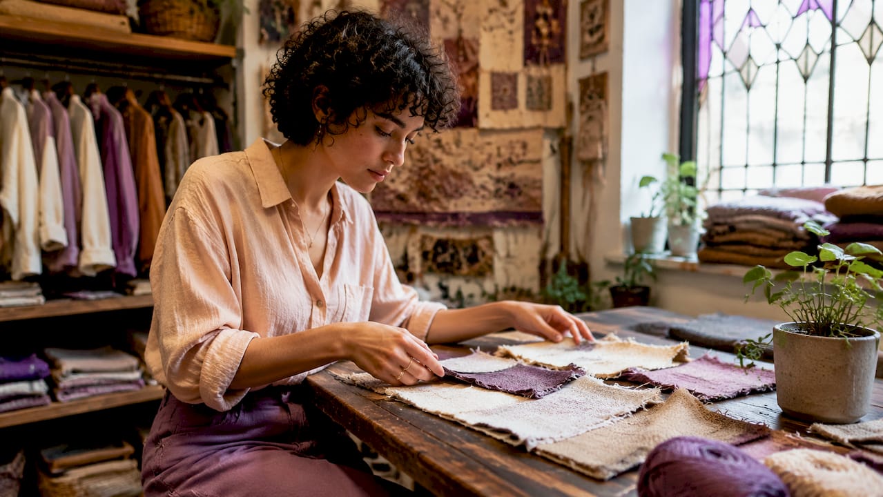 Woman inspecting sustainable fabric swatches in boutique