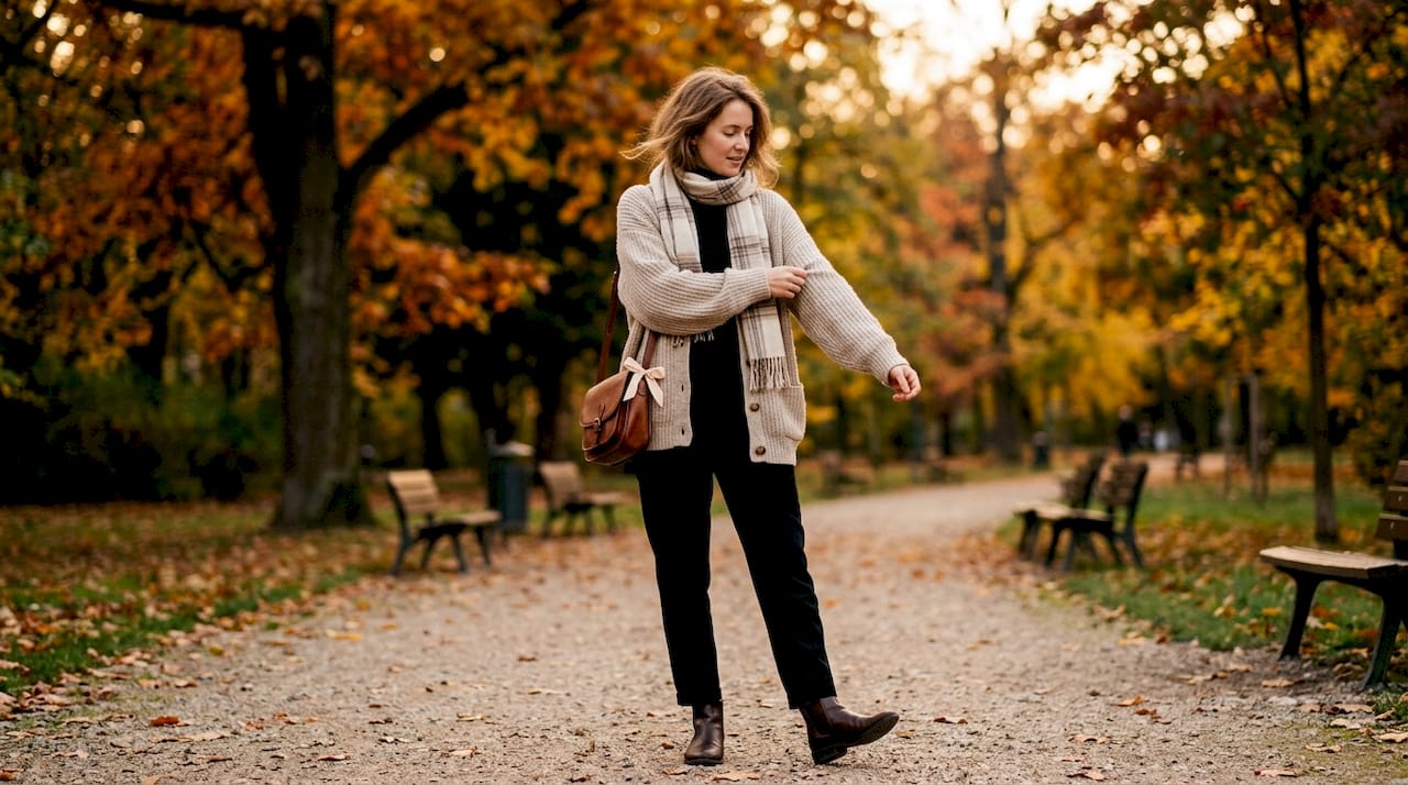 Woman in early fall layered outfit outdoors