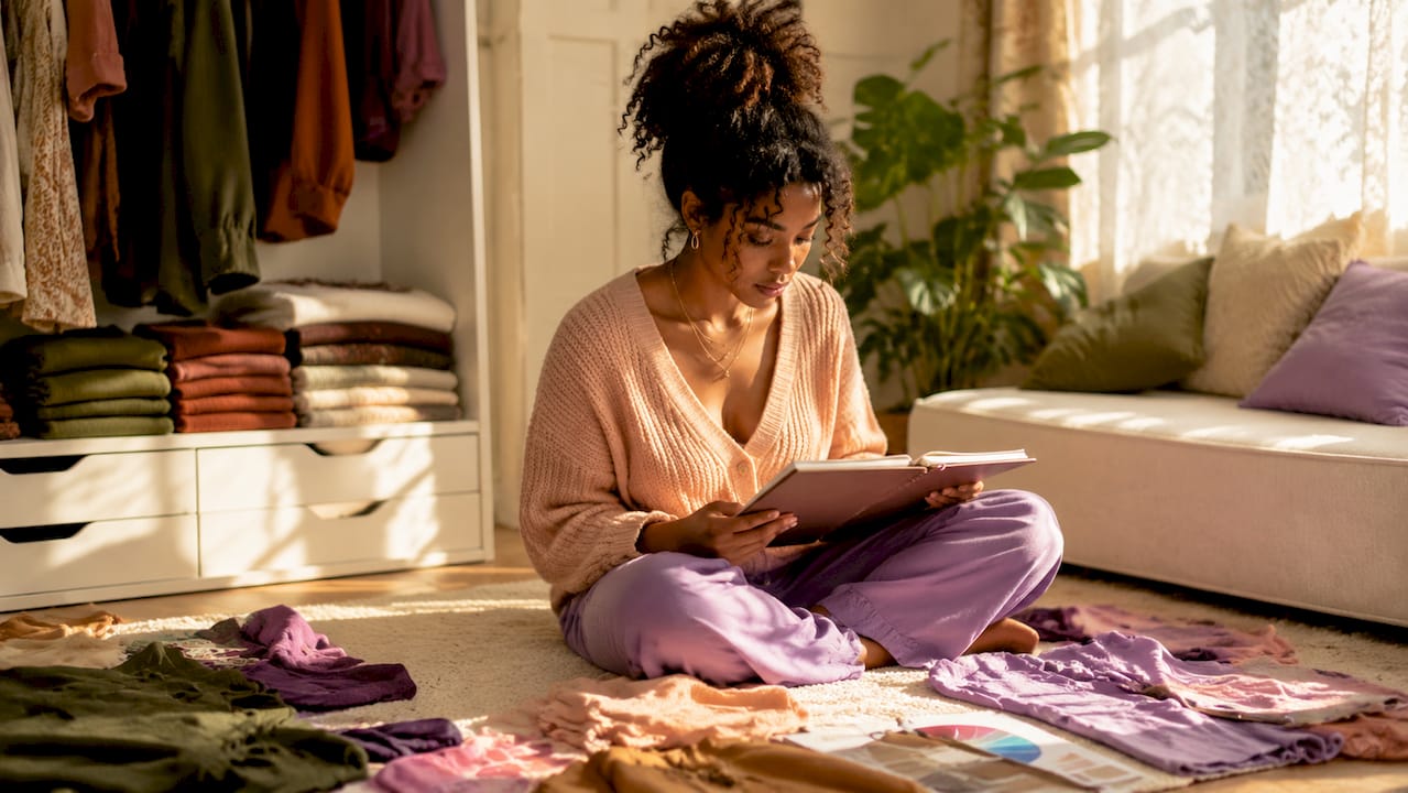 Woman planning wardrobe compatibility at home