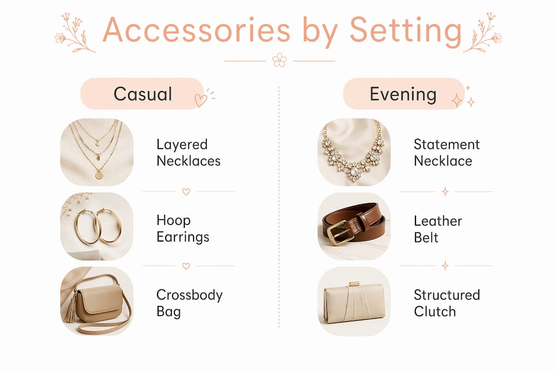 Infographic comparing accessories for casual vs evening looks