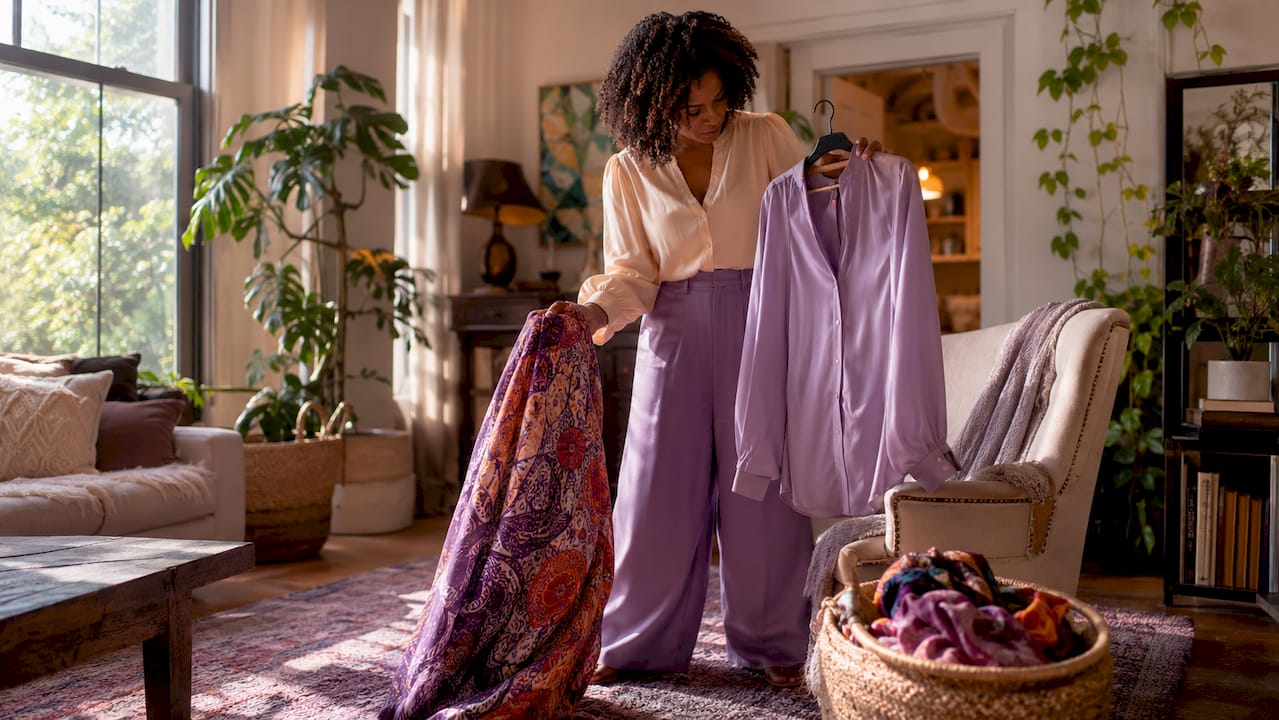 Woman choosing outfit in closet