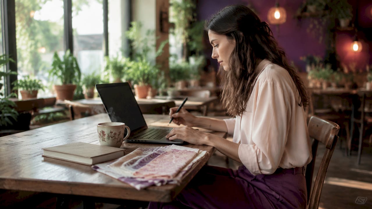 Woman analyzing fashion data on laptop