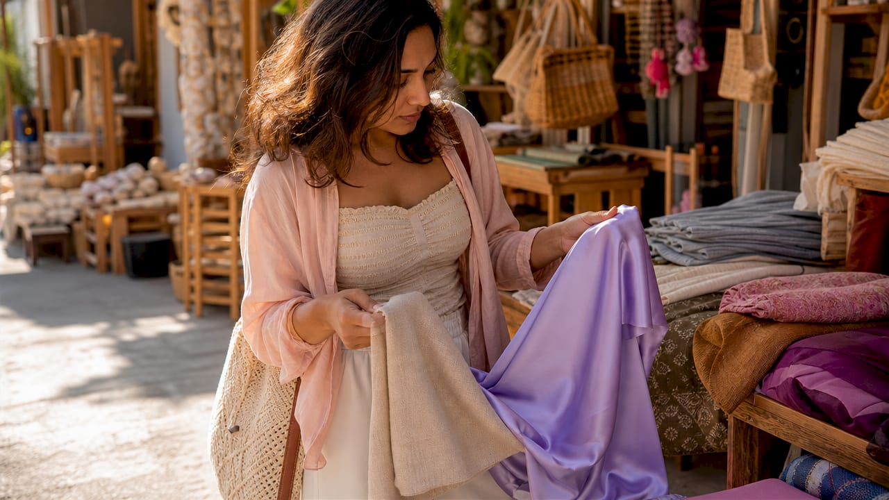 Stylist comparing fabric textures in loft studio