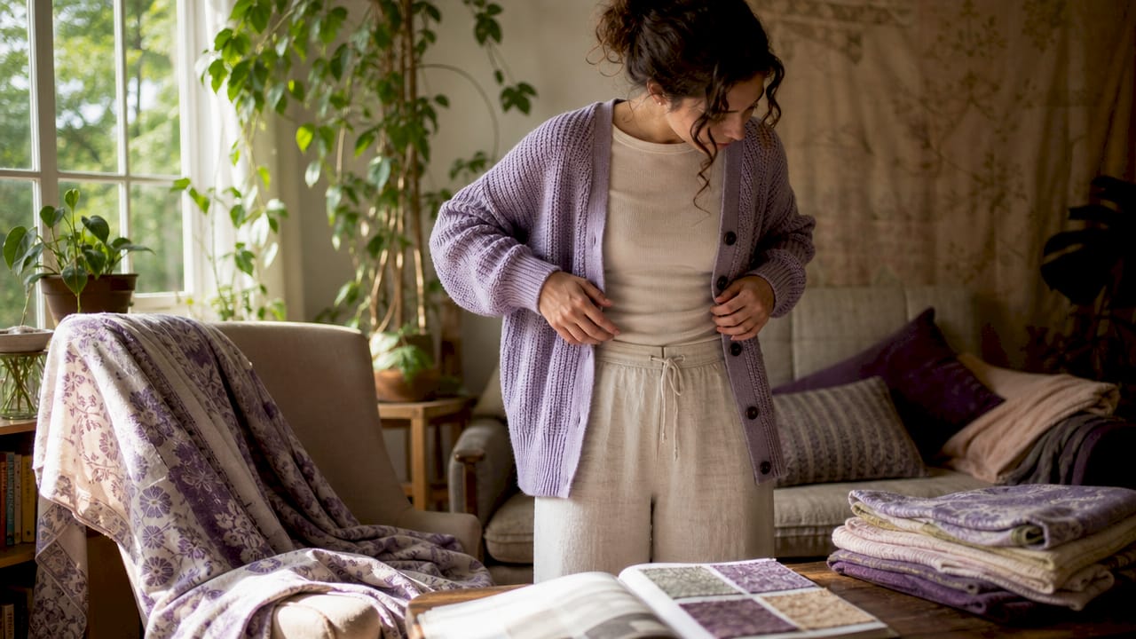Woman layering cotton and wool fabrics