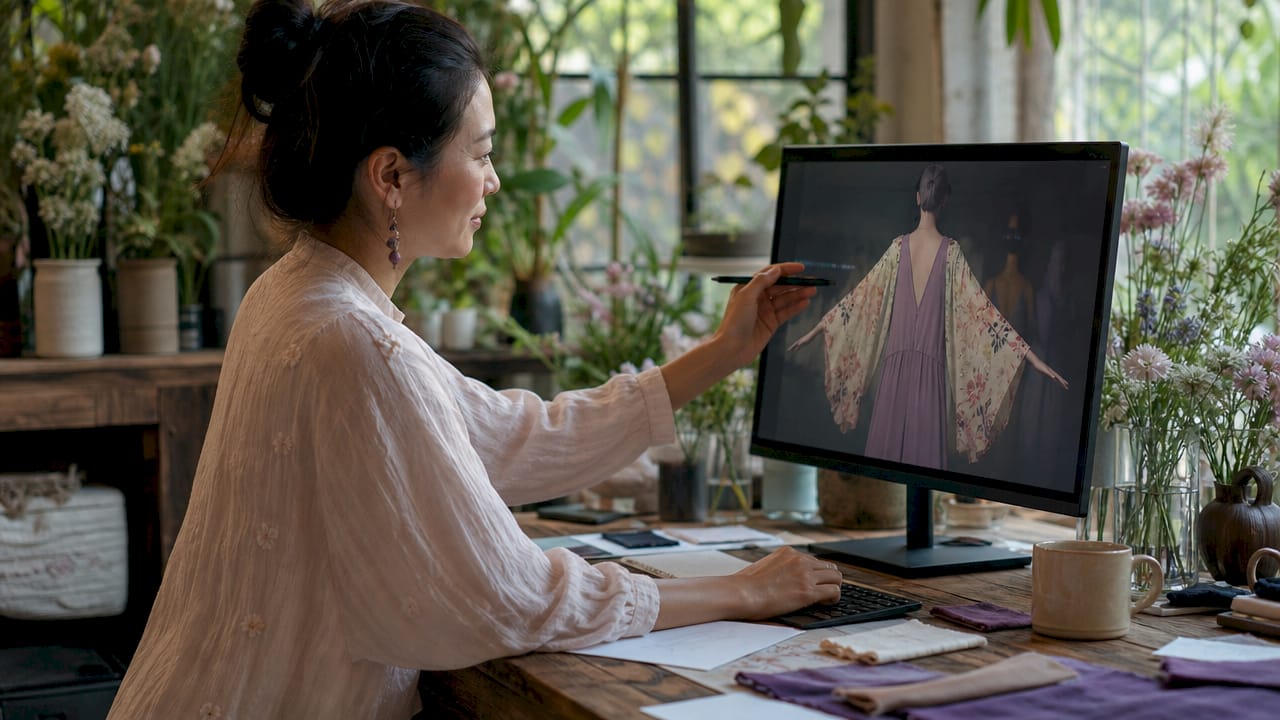 Person fitting 3D garment on virtual avatar at desk