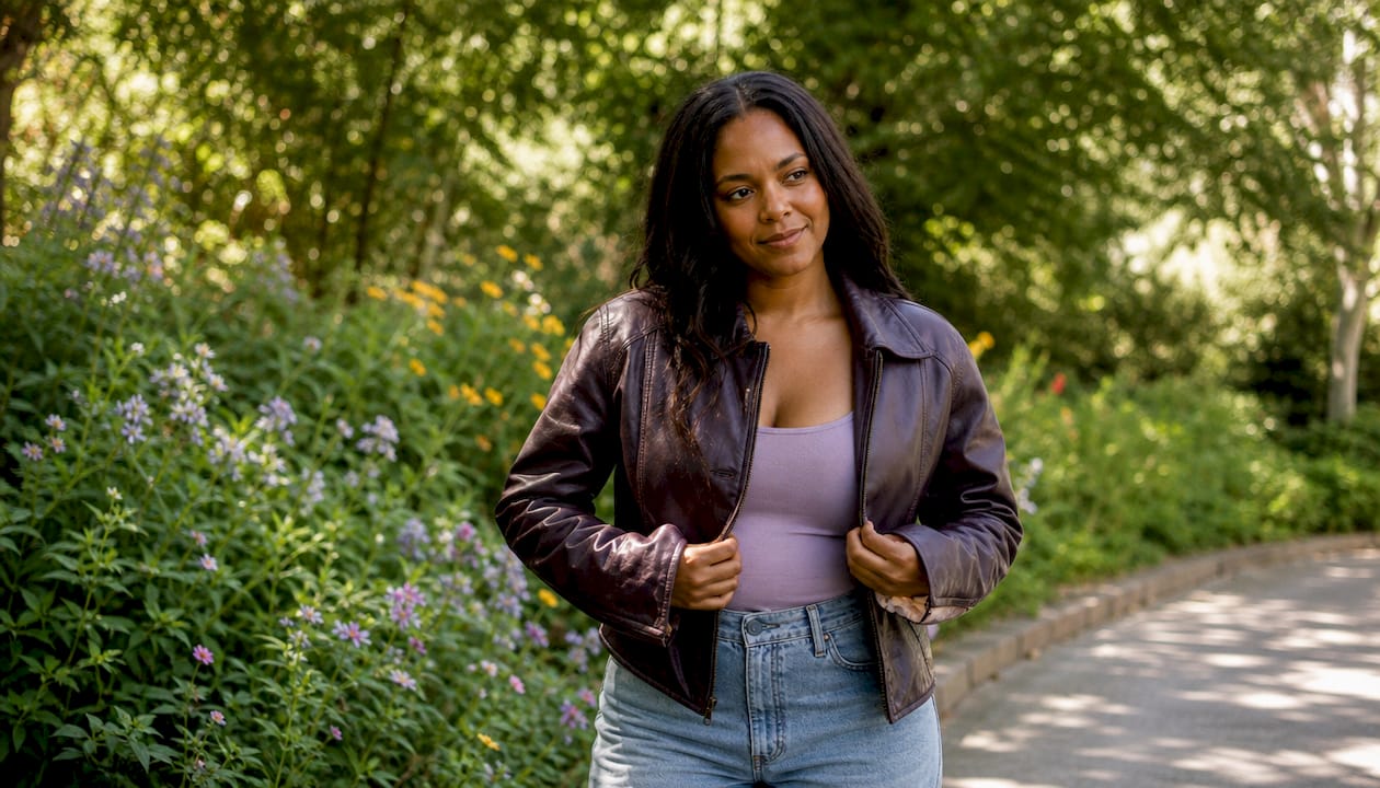 Woman styling vintage leather jacket outdoors
