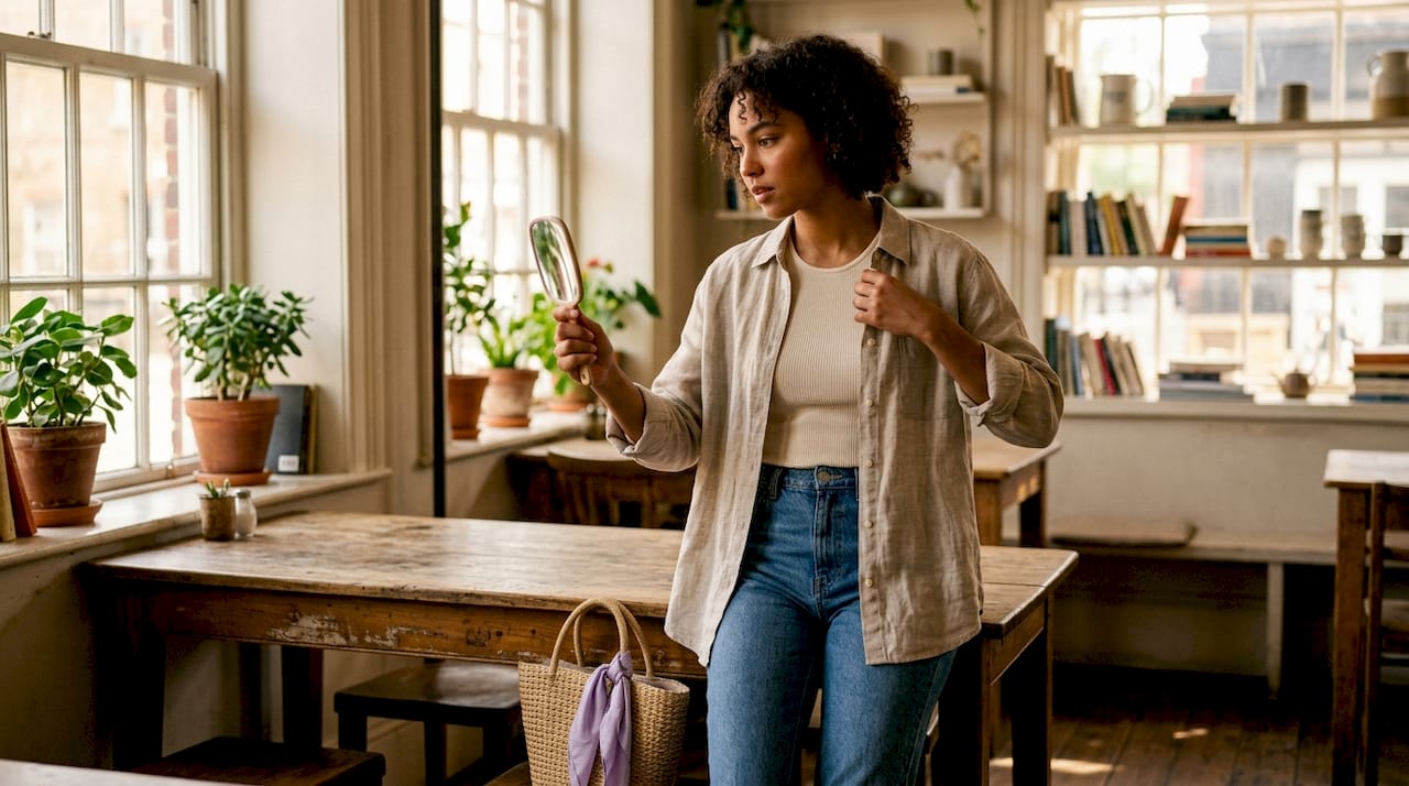 Woman layering fashionable 2026 outfit in mirror