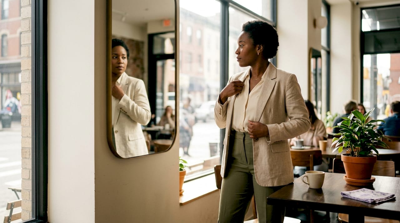 Woman adjusting blazer in professional office