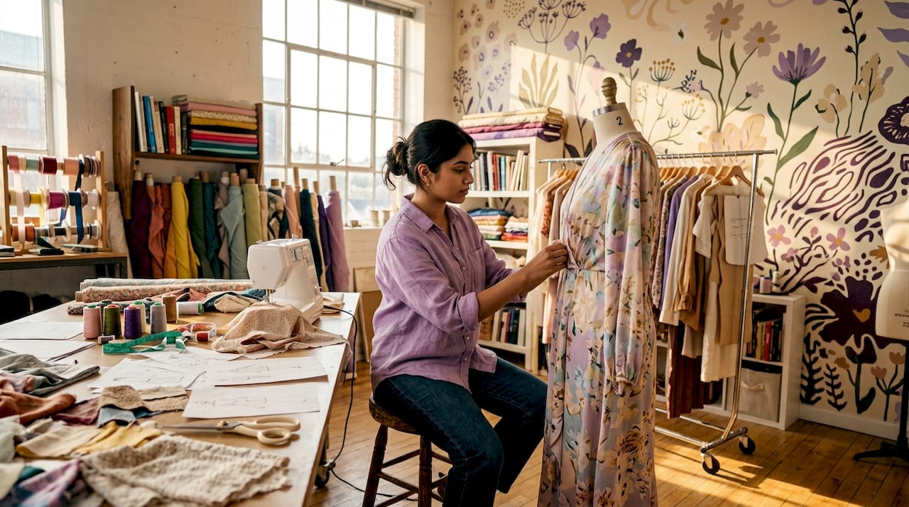 Fashion designer adjusting dress on mannequin