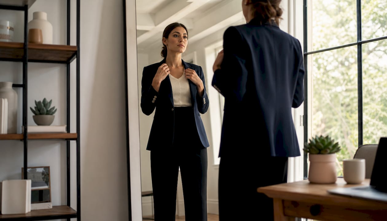 Woman adjusting blazer in boutique mirror