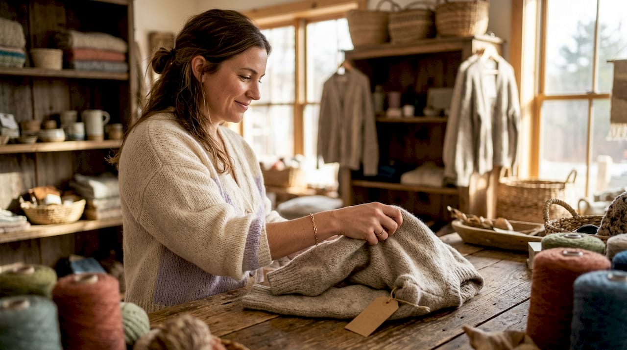 Hands testing wool fabric quality indoors