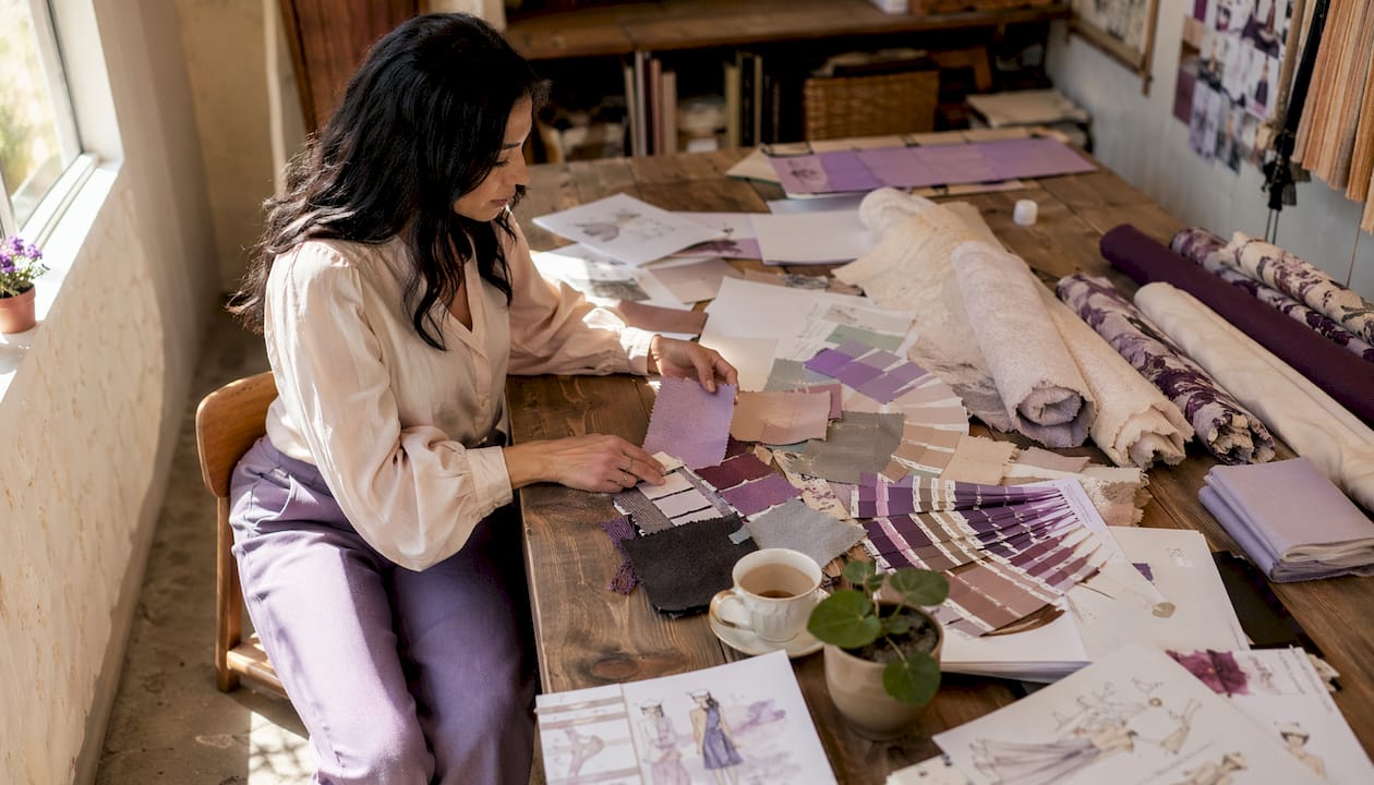 Analyst reviewing color swatches in studio