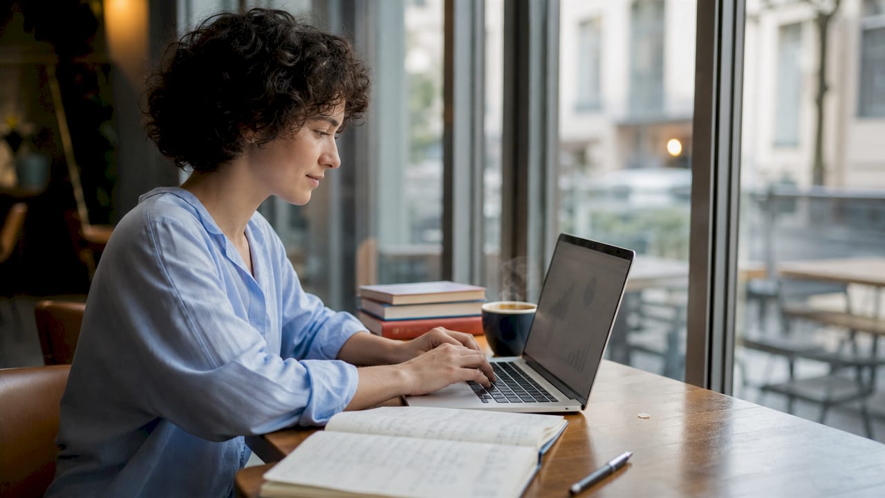 Eine Frau wertet am Laptop die Leistungsdaten ihrer Website aus.