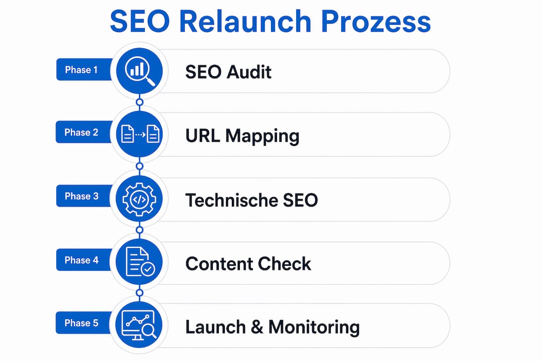 Übersichtsgrafik: Die wichtigsten Schritte für einen erfolgreichen SEO-Relaunch