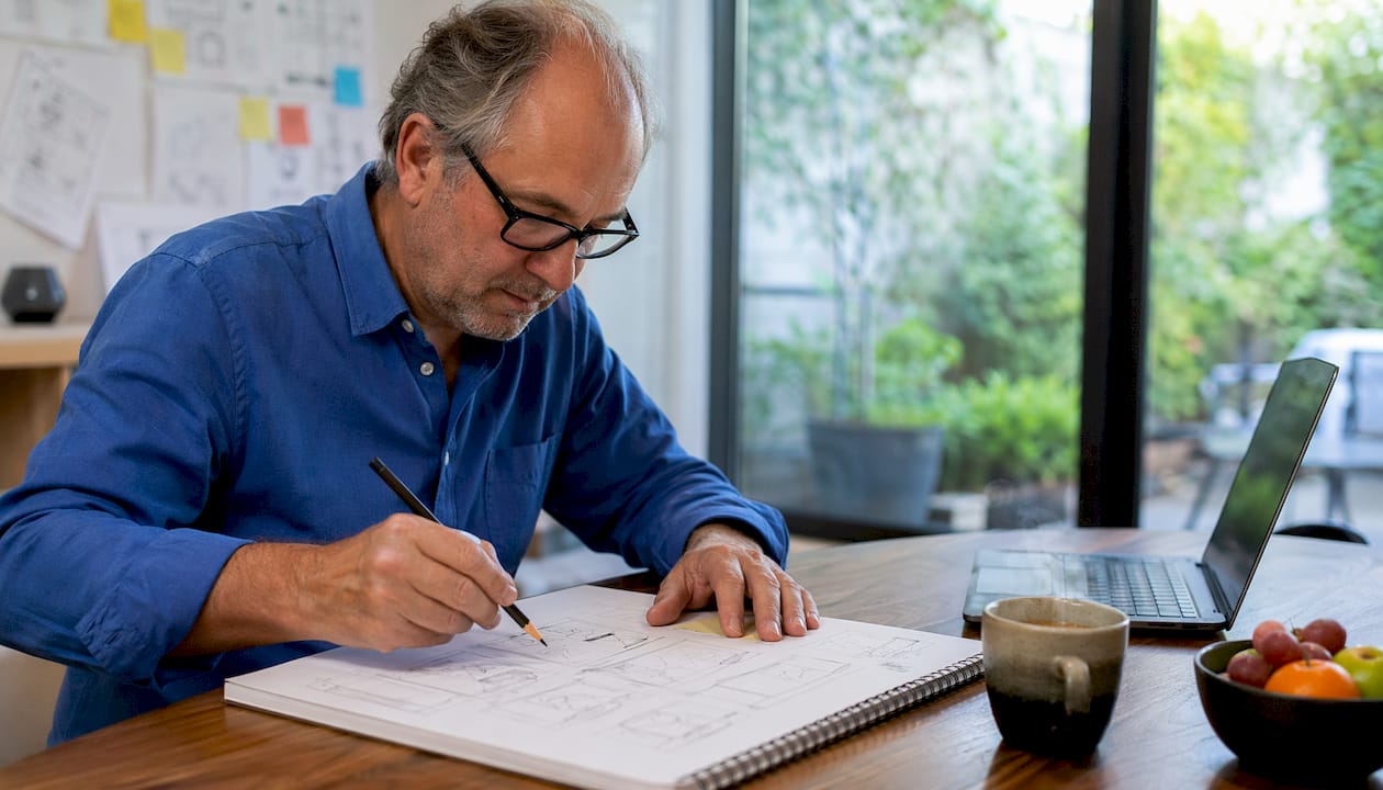 Ein Designer entwirft erste Webseiten-Konzepte mit Skizzen auf Papier.