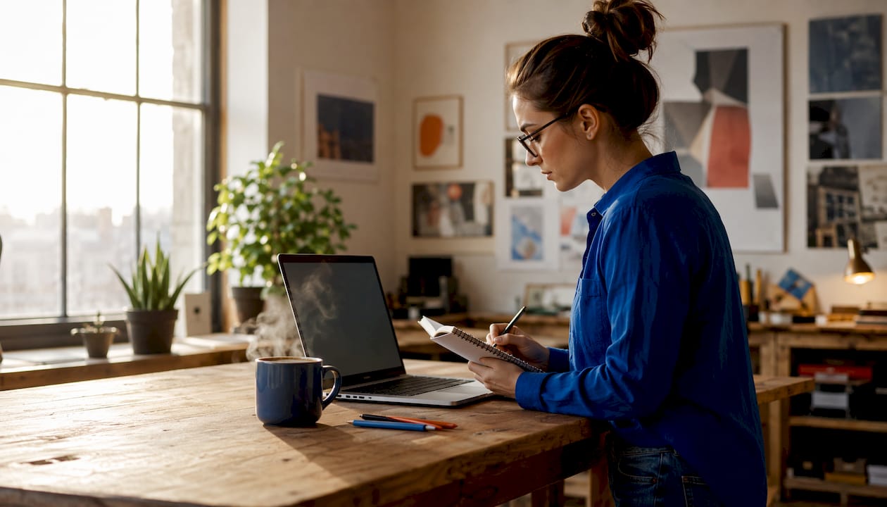 Eine Frau arbeitet im Homeoffice und nutzt dabei sowohl ihren Laptop als auch das Smartphone.
