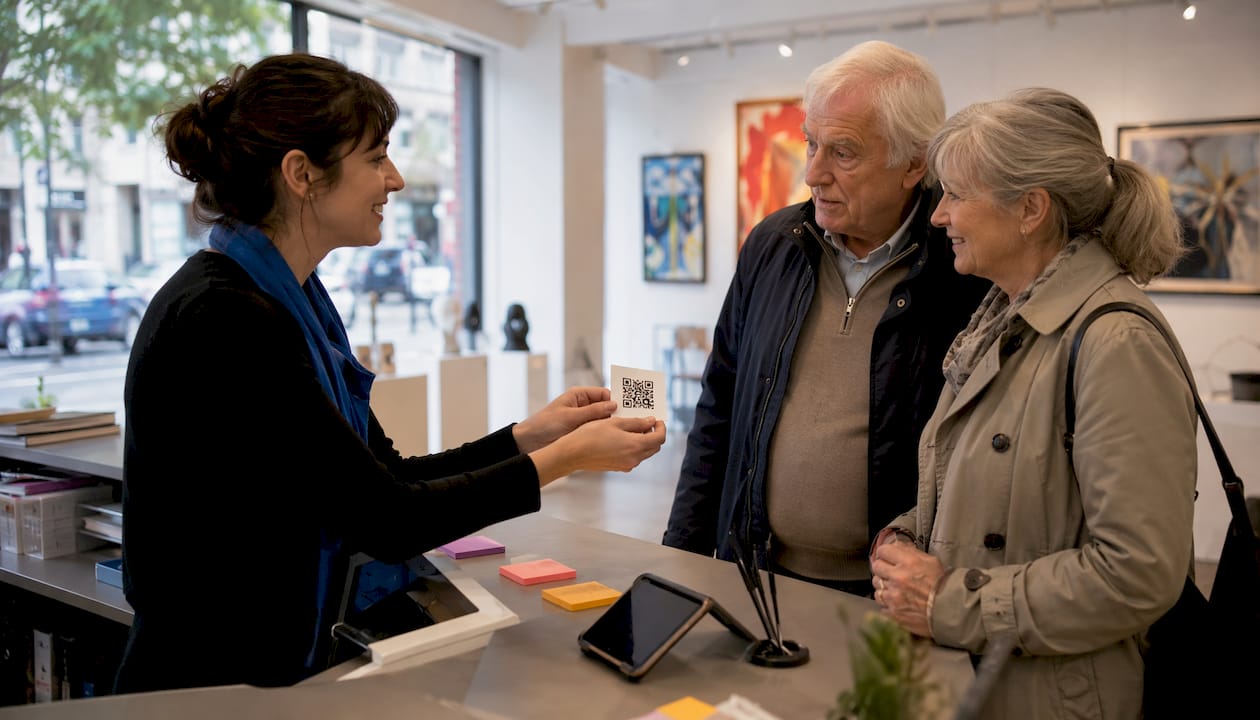 Eine Kundin reicht im Geschäft eine Bewertungskarte mit QR-Code weiter.