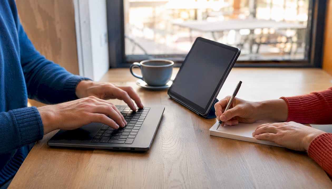 Hände bedienen ein Tablet mit Cookie-Einwilligungsfenster