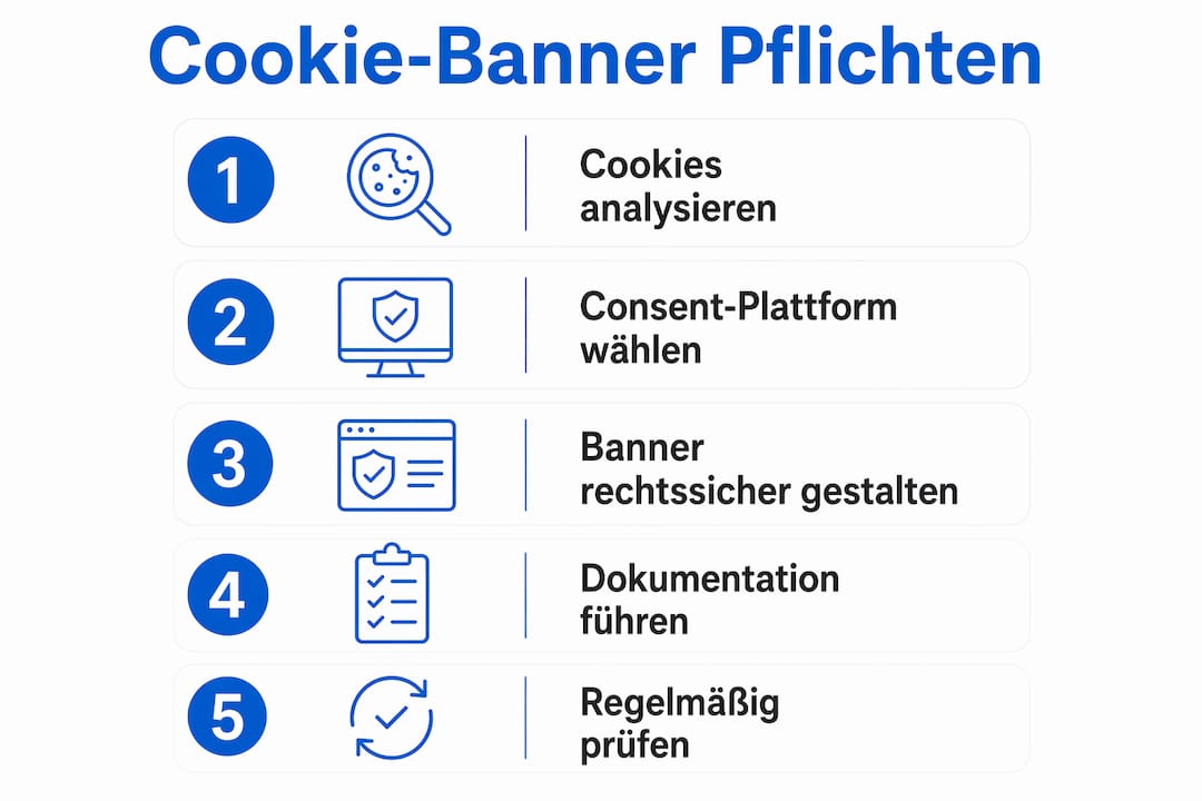 In der Infografik werden die wichtigsten Schritte zur rechtssicheren Gestaltung von Cookie-Bannern anschaulich dargestellt.