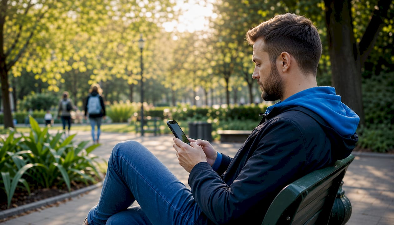 Ein junger Mann sitzt draußen in einem Straßencafé und tippt auf seinem Smartphone.