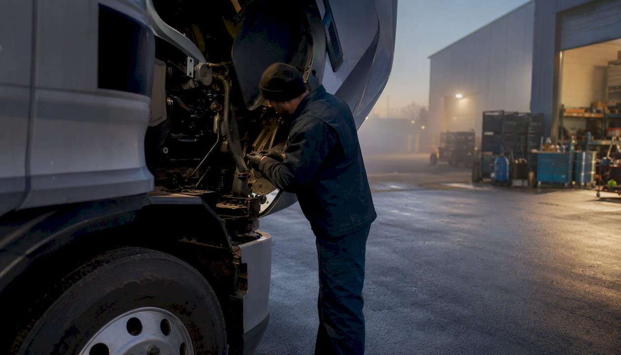 Driver inspecting truck engine at FedEx terminal