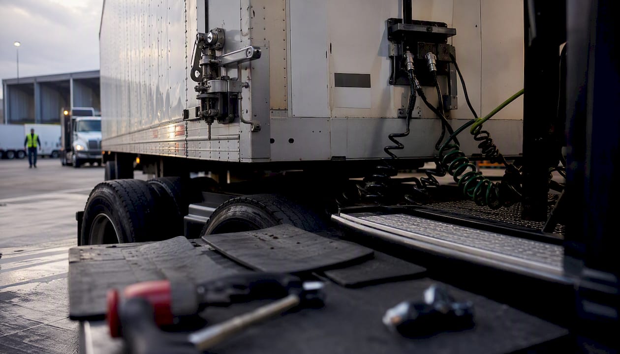 Close-up of truck trailer locking at FedEx linehaul dock