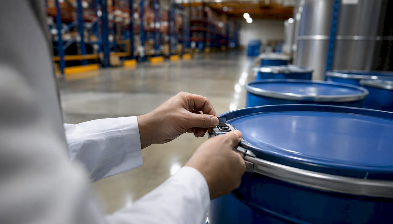 Inspector checking sealed chemical drums in warehouse