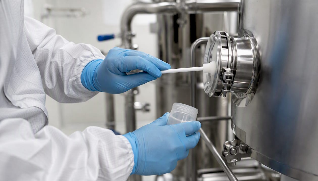 Technician cleaning manufacturing equipment in cleanroom