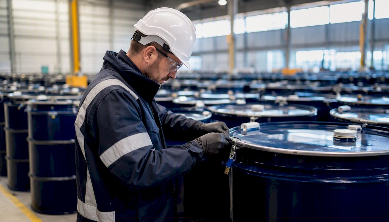 Technician inspecting chemical drums in warehouse