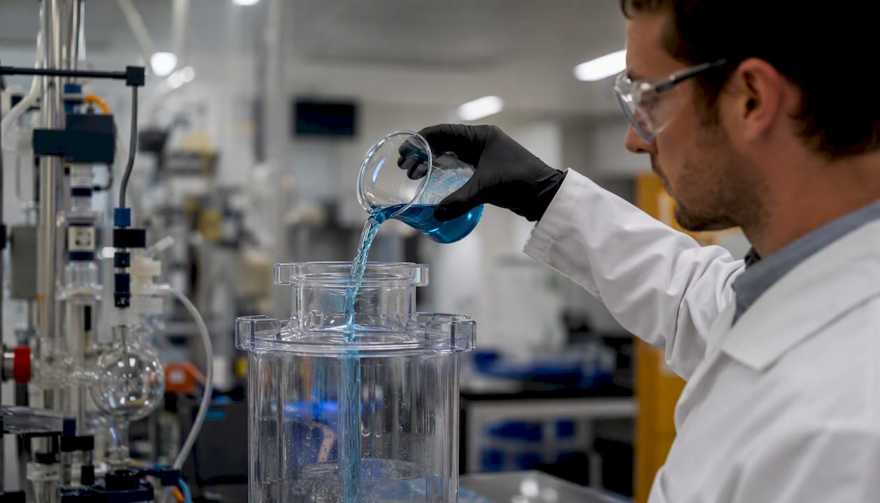 Hands pouring liquid during chemical pilot batch synthesis