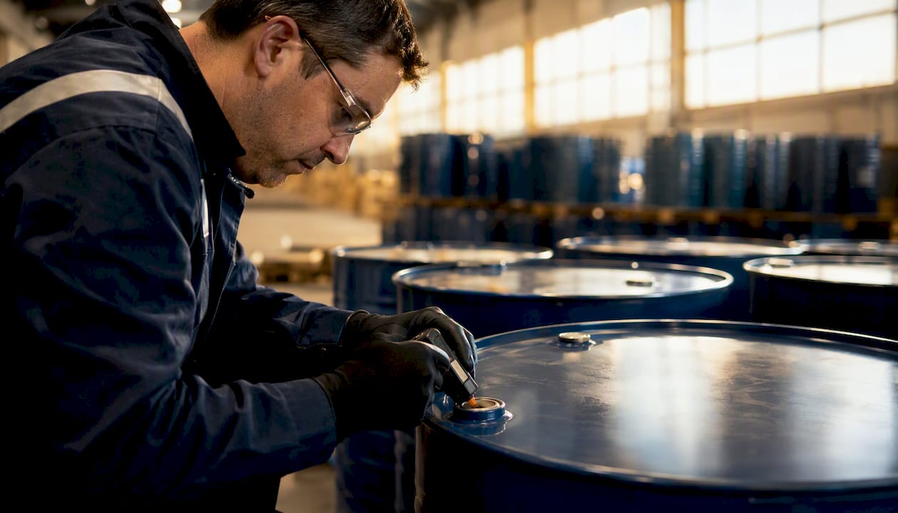 Technician inspecting chemical drum seals