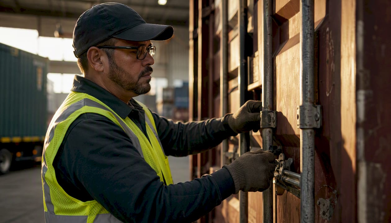 Worker securing freight container latch