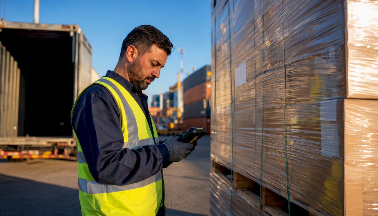 Worker scanning inventory with logistics device
