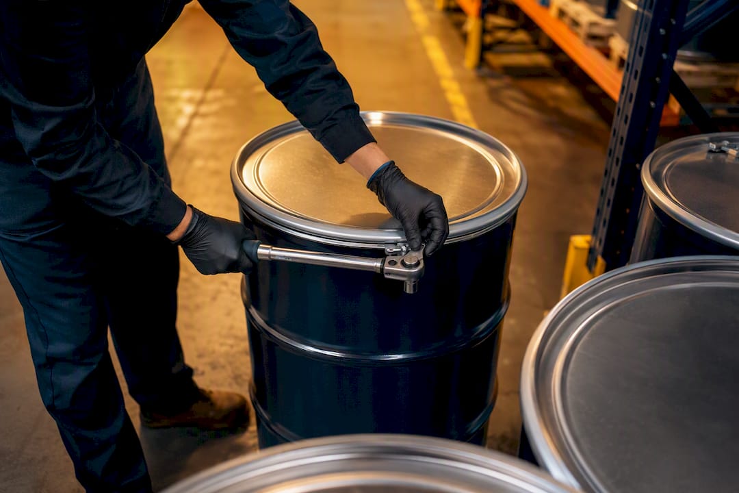 Technician sealing pharmaceutical chemical drum lid